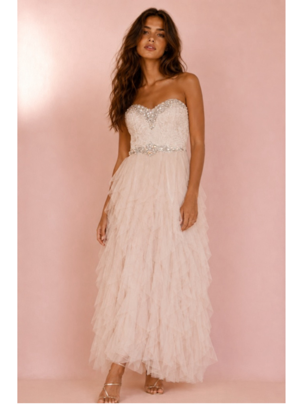 Masquerade Blush Beaded Maxi Dress Lace Tulle Formal Gala Princess Wedding Guest